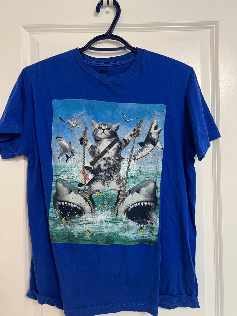 Men's Blue Graphic Swim T-Shirt - Cat & Sharks Design